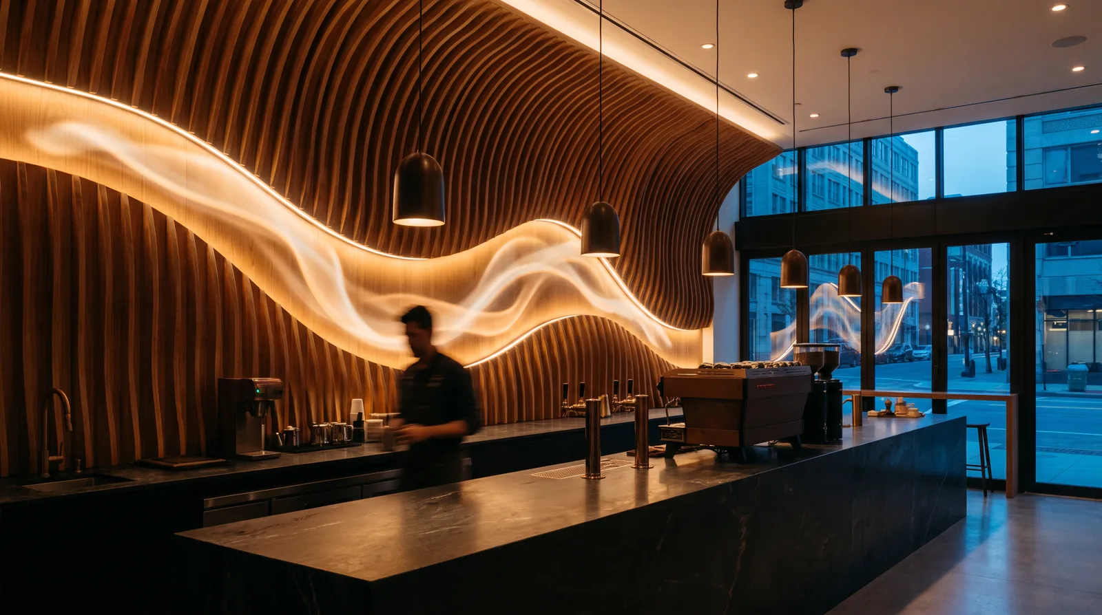 Warm flagship coffee bar with layered digital surfaces