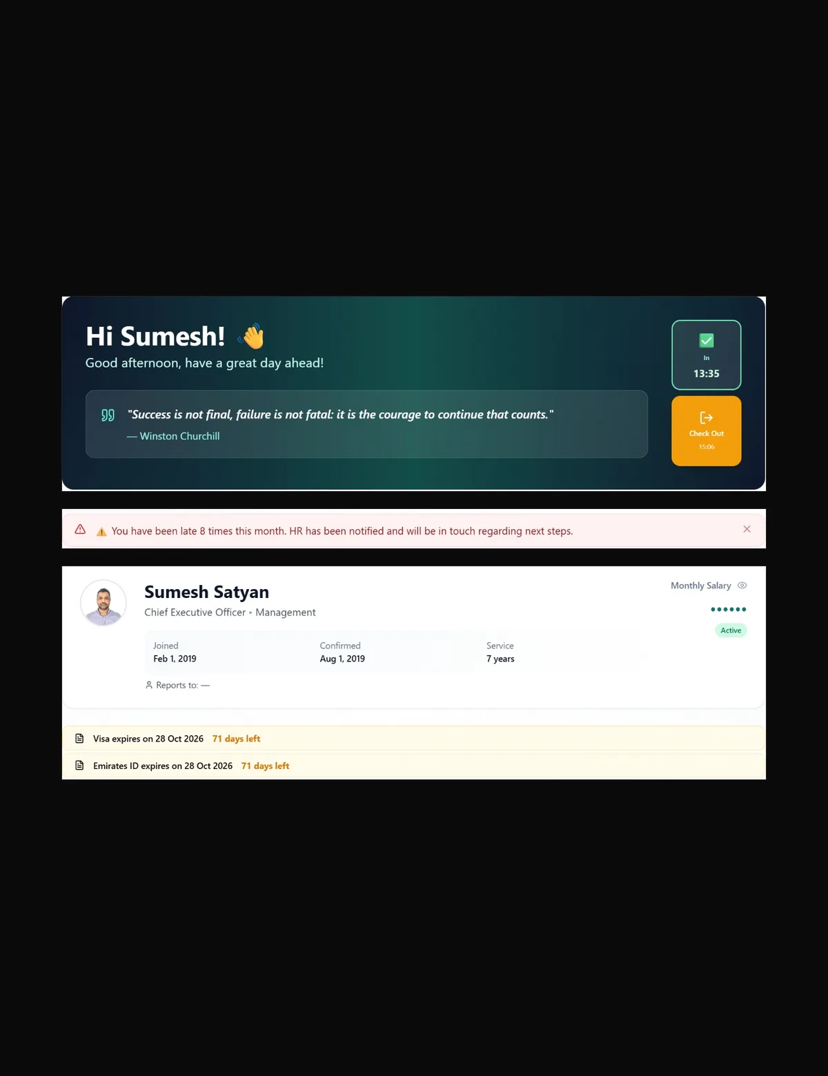 Leisung Sentinel ERP: the actual dashboard greeting Sumesh, flagging that he has been late eight times this month, above his own HR profile