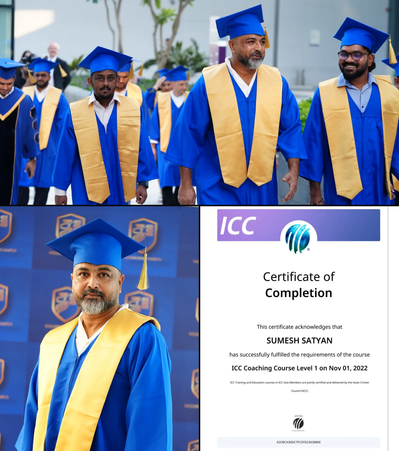 Graduation day in cap and gown: walking with fellow graduates, a portrait in blue and gold robes, and the ICC Coaching Course Level 1 certificate