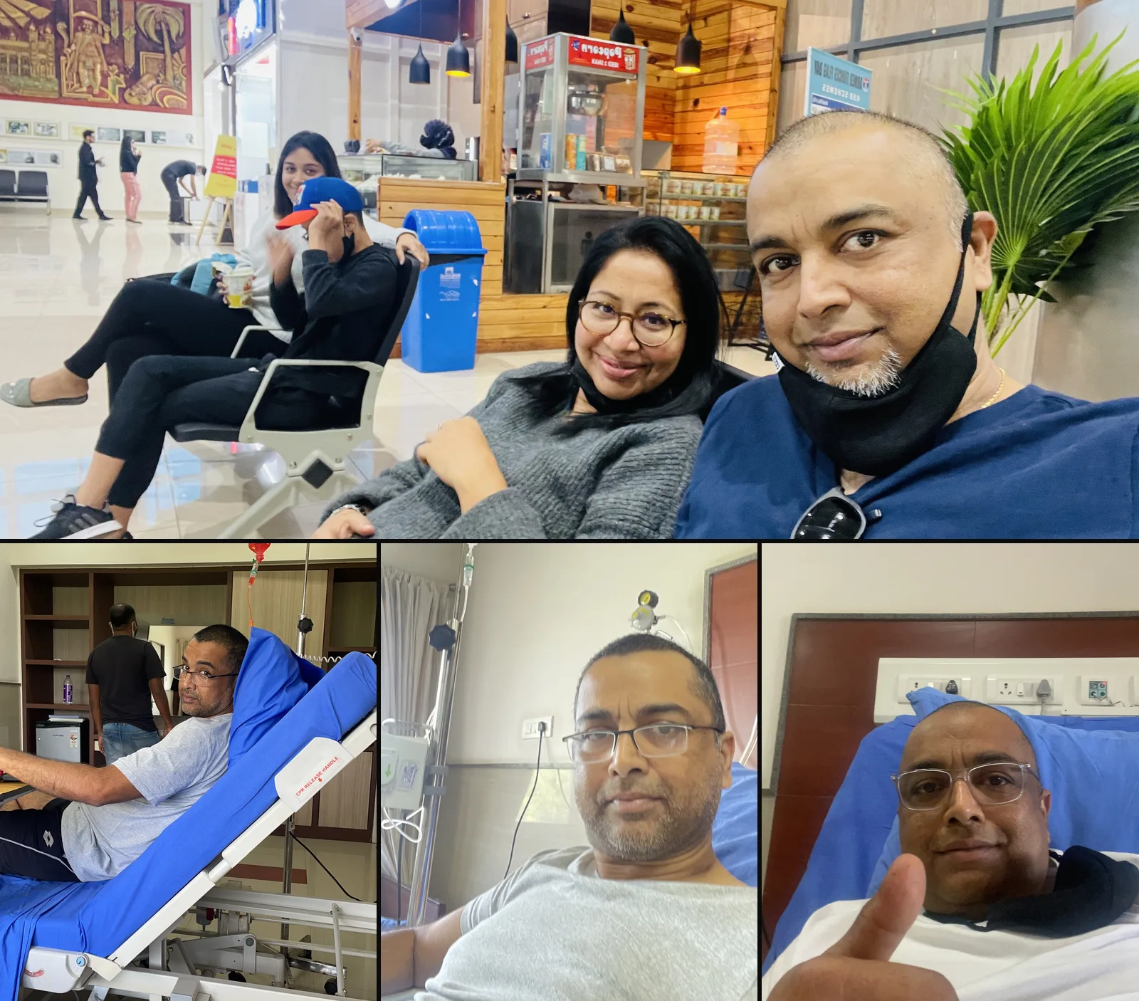Four photos from the cancer fight: family together in masks, hospital rooms, chemotherapy, and a thumbs-up from the bed